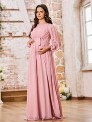 A-line Waist Long Sleeves Chiffon Dresses with Bow Dusty Rose