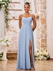Stunning Sweetheart Neck Spaghetti Straps Chiffon Dresses with Slit Dusty Blue