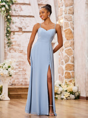 Stunning Sweetheart Neck Spaghetti Straps Chiffon Dresses with Slit Dusty Blue
