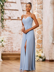 Stunning Sweetheart Neck Spaghetti Straps Chiffon Dresses with Slit Dusty Blue