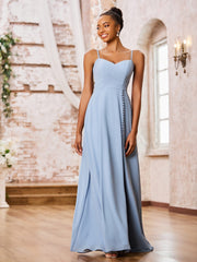 Stunning Sweetheart Neck Spaghetti Straps Chiffon Dresses with Slit Dusty Blue