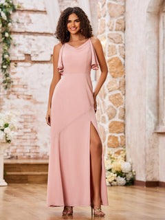 Cowl Neck A-line Spaghetti Straps Chiffon Dresses with Slit Clover