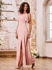 Cowl Neck A-line Spaghetti Straps Chiffon Dresses with Slit Dusty Rose