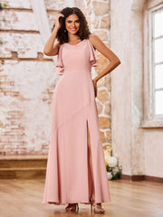 Cowl Neck A-line Spaghetti Straps Chiffon Dresses with Slit Dusty Rose