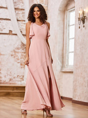 Cowl Neck A-line Spaghetti Straps Chiffon Dresses with Slit Dusty Rose