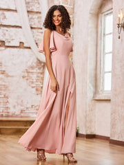 Cowl Neck A-line Spaghetti Straps Chiffon Dresses with Slit Dusty Rose