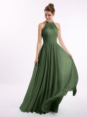 Long Halter Chiffon Dress with Back Double Straps Olive Green