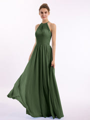 Long Halter Chiffon Dress with Back Double Straps Olive Green