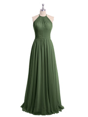 Long Halter Chiffon Dress with Back Double Straps Olive Green