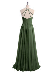 Long Halter Chiffon Dress with Back Double Straps Olive Green
