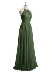 Long Halter Chiffon Dress with Back Double Straps Olive Green
