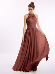 Long Halter Chiffon Dress with Back Double Straps Terracotta