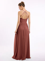 Long Halter Chiffon Dress with Back Double Straps Terracotta
