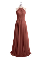 Long Halter Chiffon Dress with Back Double Straps Terracotta
