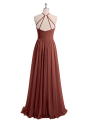 Long Halter Chiffon Dress with Back Double Straps Terracotta