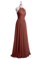 Long Halter Chiffon Dress with Back Double Straps Terracotta