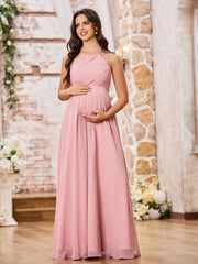 Stunning A-line Halter Empire Floor Length Chiffon Bridesmaid Gowns Dusty Rose