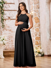 Stunning A-line Halter Empire Floor Length Chiffon Bridesmaid Gowns Black