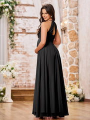 Stunning A-line Halter Empire Floor Length Chiffon Bridesmaid Gowns Black