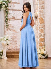 Stunning A-line Halter Empire Floor Length Chiffon Bridesmaid Gowns Blue
