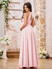 Stunning A-line Halter Empire Floor Length Chiffon Bridesmaid Gowns Blushing Pink