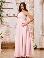 Stunning A-line Halter Empire Floor Length Chiffon Bridesmaid Gowns Blushing Pink