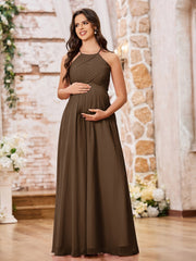Stunning A-line Halter Empire Floor Length Chiffon Bridesmaid Gowns Brown