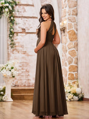 Stunning A-line Halter Empire Floor Length Chiffon Bridesmaid Gowns Brown