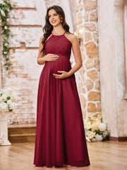 Stunning A-line Halter Empire Floor Length Chiffon Bridesmaid Gowns Burgundy