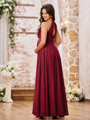 Stunning A-line Halter Empire Floor Length Chiffon Bridesmaid Gowns Burgundy