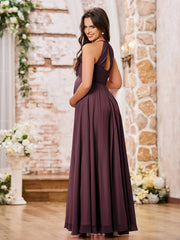 Stunning A-line Halter Empire Floor Length Chiffon Bridesmaid Gowns Cabernet