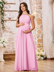 Stunning A-line Halter Empire Floor Length Chiffon Bridesmaid Gowns Candy Pink