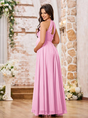 Stunning A-line Halter Empire Floor Length Chiffon Bridesmaid Gowns Candy Pink