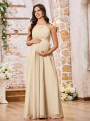Stunning A-line Halter Empire Floor Length Chiffon Bridesmaid Gowns Champagne