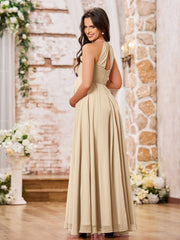 Stunning A-line Halter Empire Floor Length Chiffon Bridesmaid Gowns Champagne