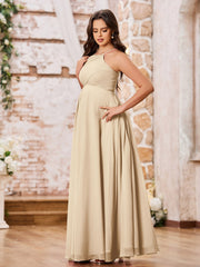 Stunning A-line Halter Empire Floor Length Chiffon Bridesmaid Gowns Champagne