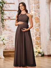 Stunning A-line Halter Empire Floor Length Chiffon Bridesmaid Gowns Chocolate