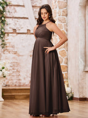 Stunning A-line Halter Empire Floor Length Chiffon Bridesmaid Gowns Chocolate