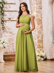 Stunning A-line Halter Empire Floor Length Chiffon Bridesmaid Gowns Clover
