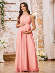 Stunning A-line Halter Empire Floor Length Chiffon Bridesmaid Gowns Coral