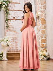 Stunning A-line Halter Empire Floor Length Chiffon Bridesmaid Gowns Coral