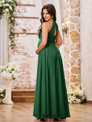 Stunning A-line Halter Empire Floor Length Chiffon Bridesmaid Gowns Dark Green