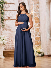 Stunning A-line Halter Empire Floor Length Chiffon Bridesmaid Gowns Dark Navy