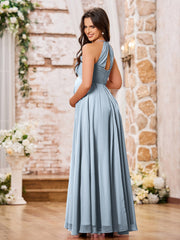 Stunning A-line Halter Empire Floor Length Chiffon Bridesmaid Gowns Dusty Blue