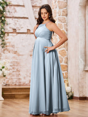 Stunning A-line Halter Empire Floor Length Chiffon Bridesmaid Gowns Dusty Blue