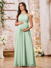 Stunning A-line Halter Empire Floor Length Chiffon Bridesmaid Gowns Dusty Sage