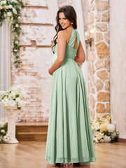 Stunning A-line Halter Empire Floor Length Chiffon Bridesmaid Gowns Dusty Sage
