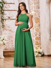 Stunning A-line Halter Empire Floor Length Chiffon Bridesmaid Gowns Emerald