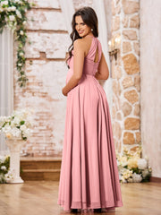 Stunning A-line Halter Empire Floor Length Chiffon Bridesmaid Gowns Flamingo