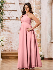 Stunning A-line Halter Empire Floor Length Chiffon Bridesmaid Gowns Flamingo